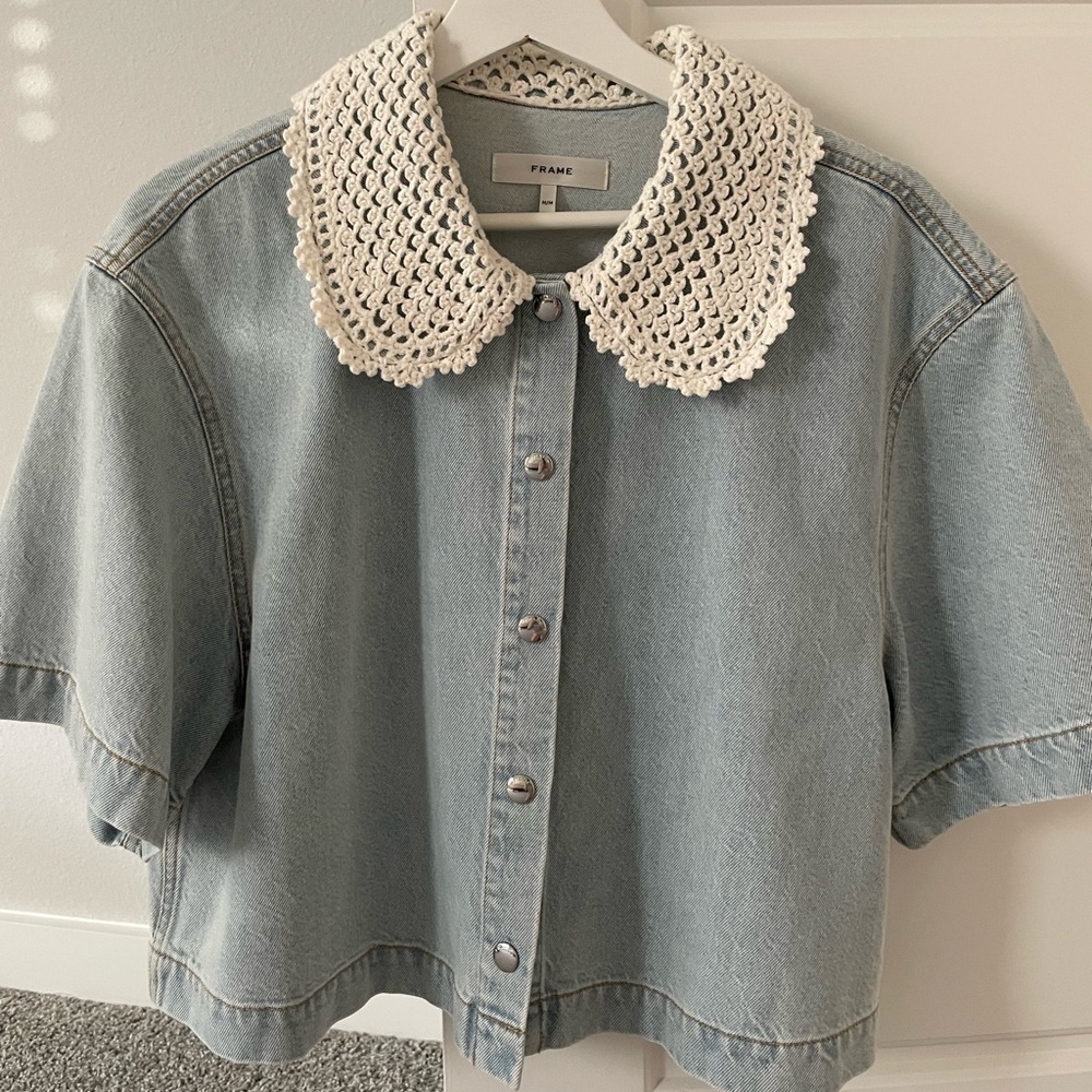 Frame Denim Jacket with White Crochet Detail